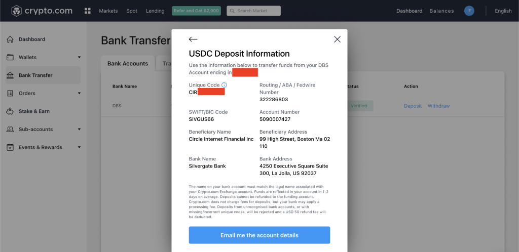 USDC Deposit Crypto.com
