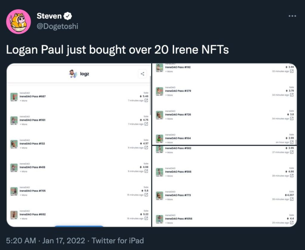 Logan paul buying IRENEDAO NFT